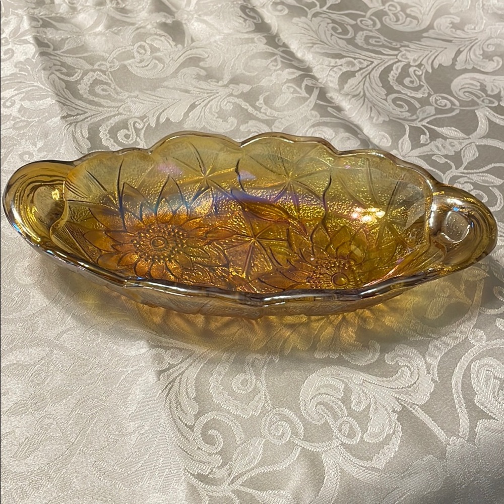 Vintage Amber Indiana Carnival Glass Candy/ Relish Dish Sunflower Marigolds